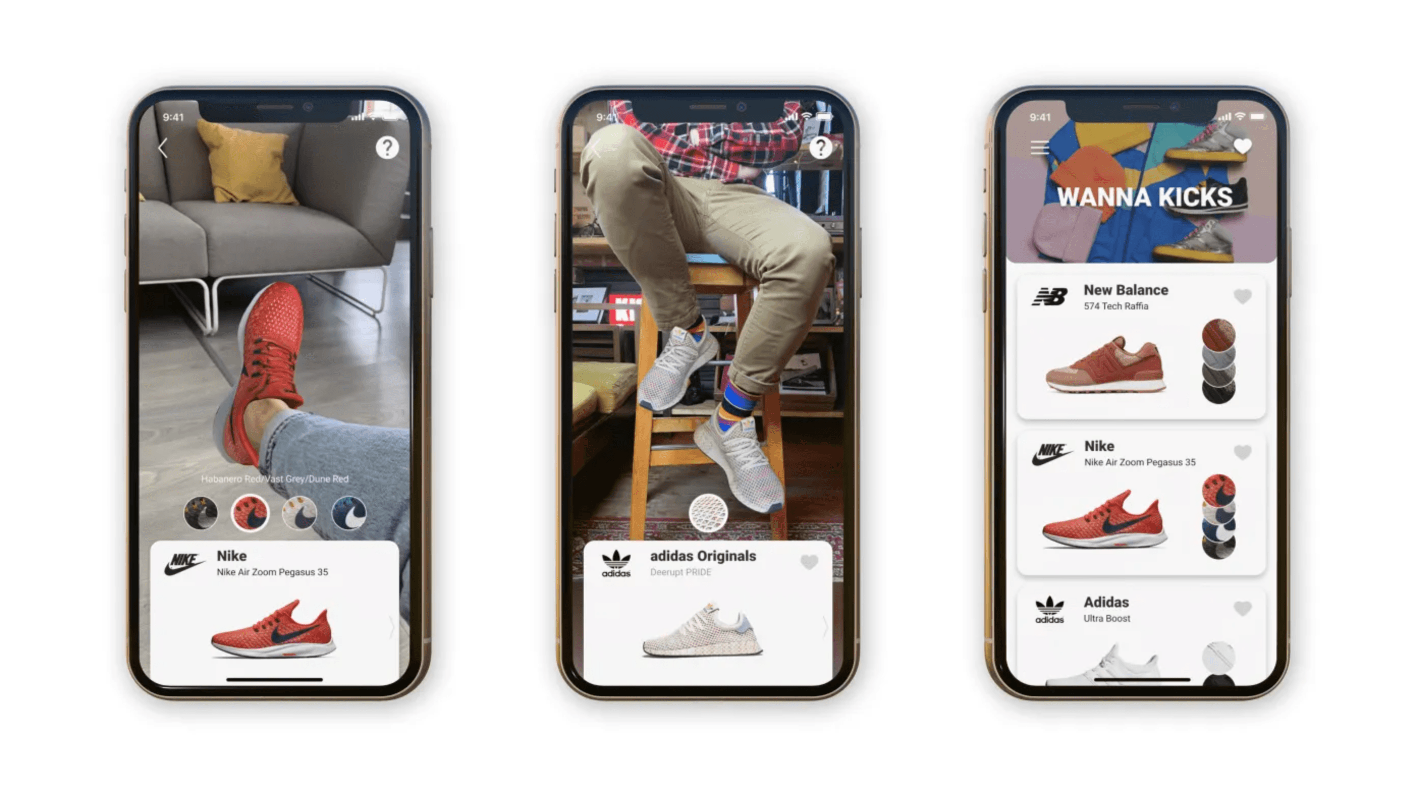 Three phones showing shoe store