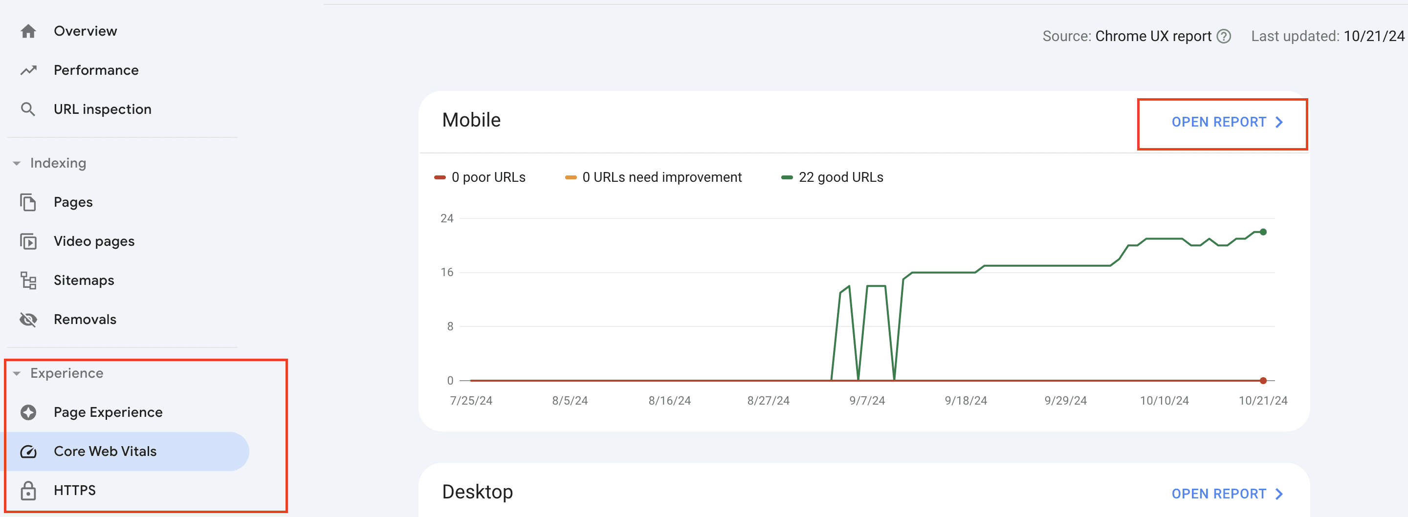 CWV section in Google Search Console