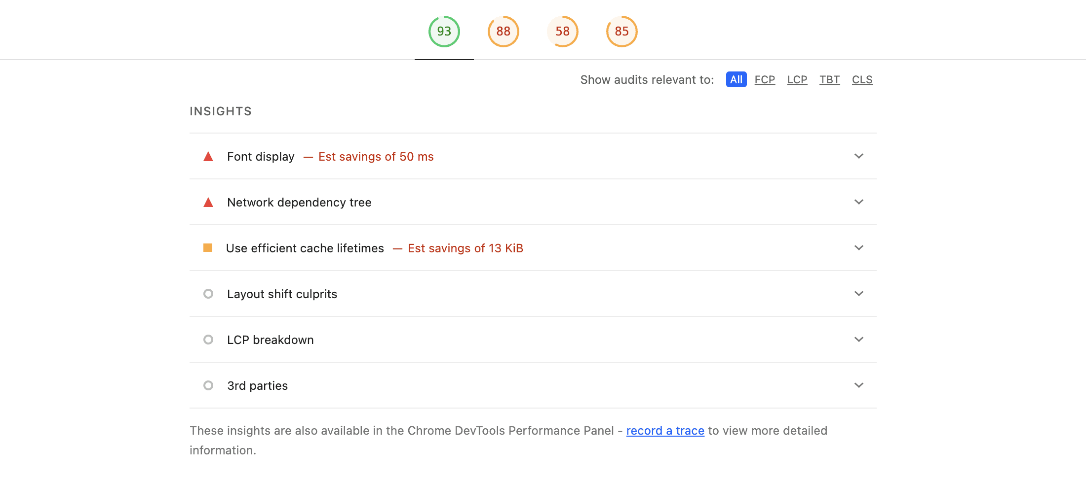 Lighthouse insights panel listing font display, network dependency, cache lifetimes and layout shifts