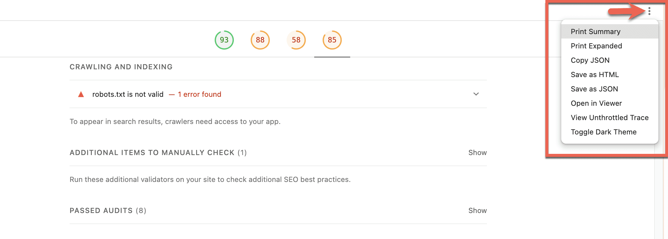 Lighthouse report export menu with Print Summary, Save as HTML, JSON and View Unthrottled Trace
