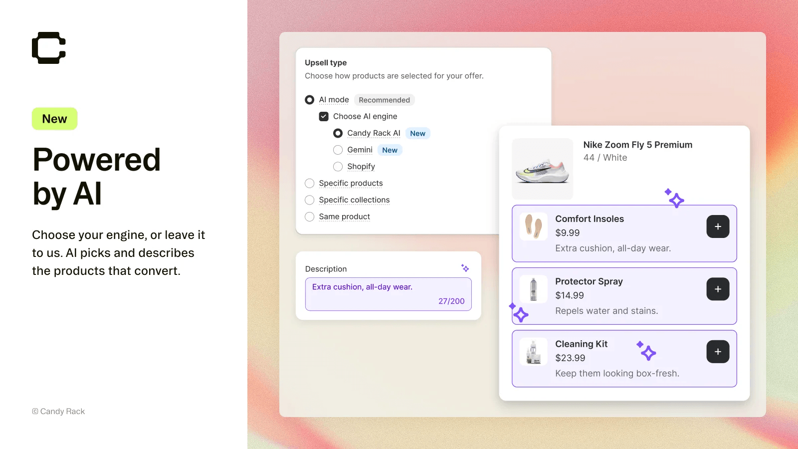 Candy Rack AI engine picker beside insole, spray and cleaning kit offers attached to a running shoe