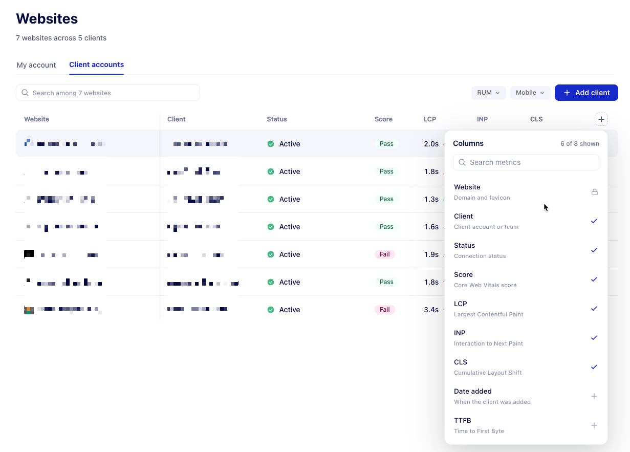 Websites dashboard listing client sites with Core Web Vitals columns picker open