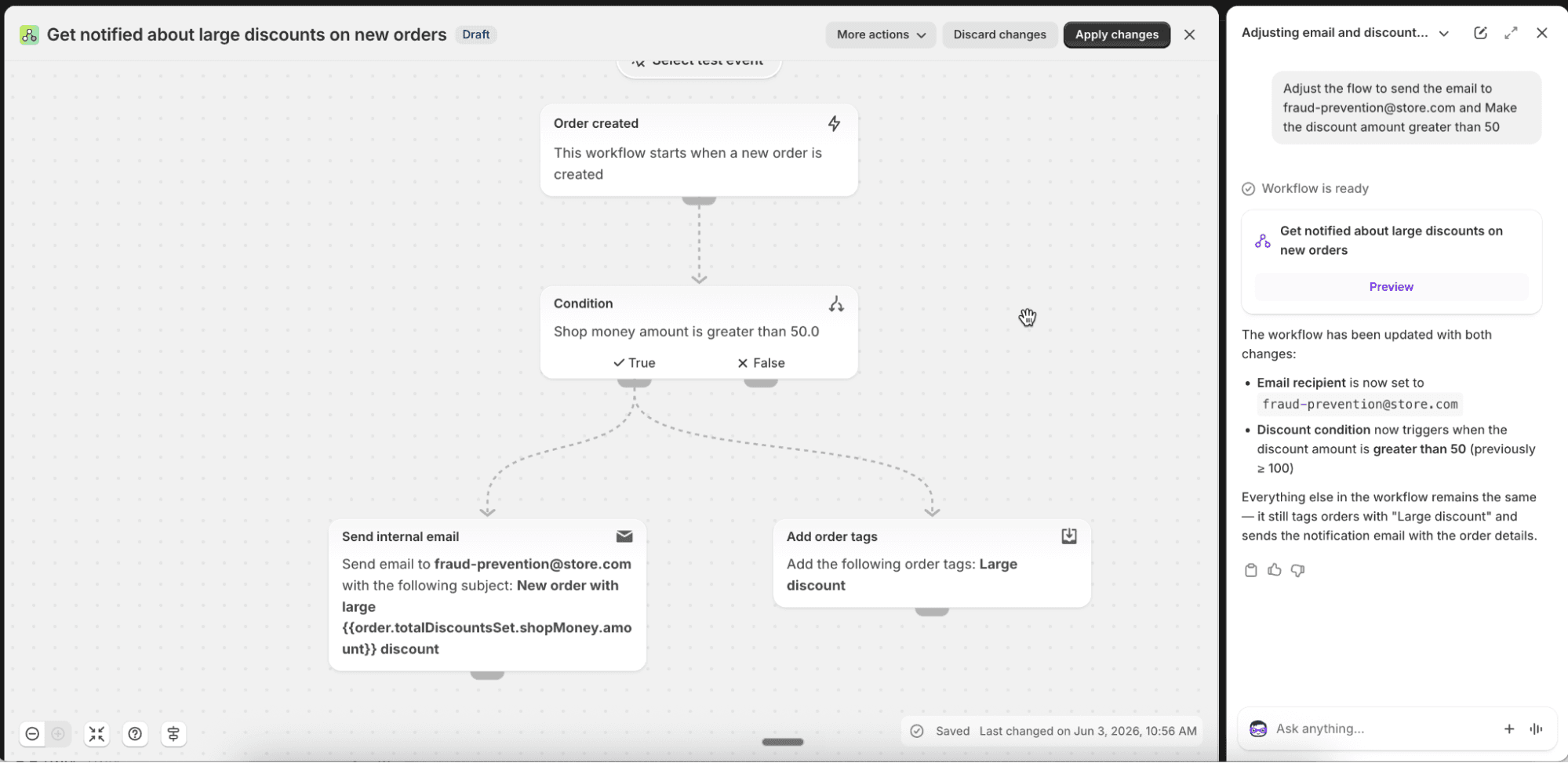 Shopify Flow editor showing a large-discount order workflow edited via Sidekick