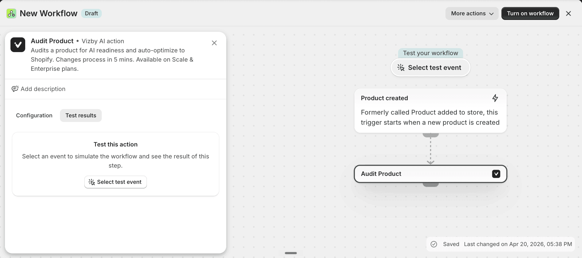 Shopify Flow with Vizby AI Audit Product action on a product-created trigger