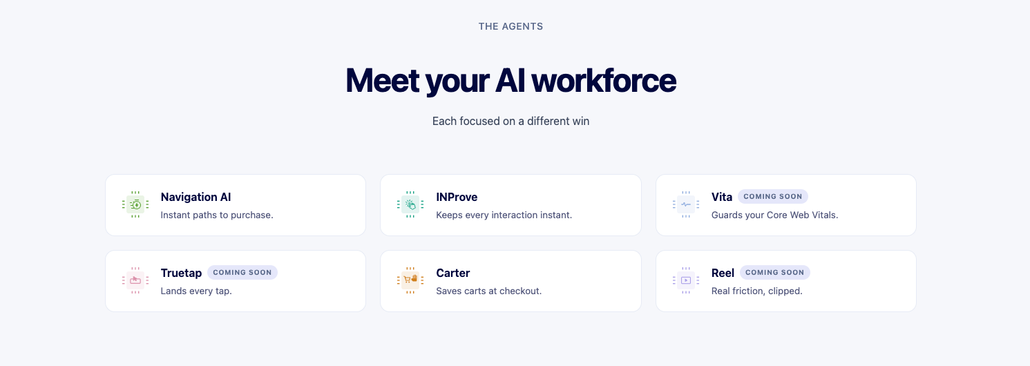 The Uxify agent line-up: Navigation AI, INProve, Vita, Truetap, Carter and Reel
